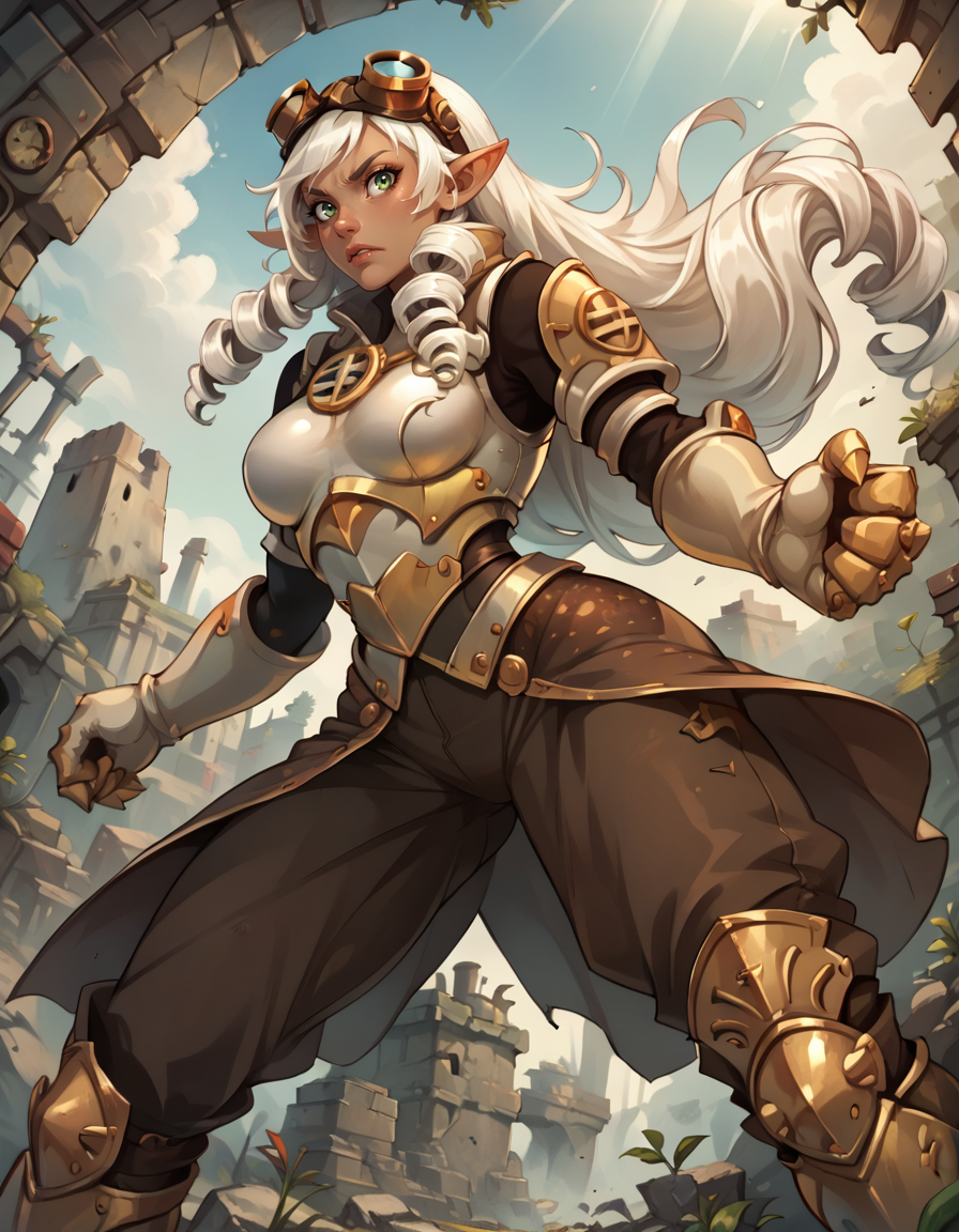 score_9, score_8_up, score_7_up,score_6_up, score_5_up, score_4_up ,1girl, solo,
large breasts,
foggernautsDG,
long hair, white hair, goggles on head, pointy ears, green eyes, dark-skinned female,
greaves, knee boots, drill hair, armor, pants, gloves, breastplate,
steampunk, ruins, forest,
from below,
fighting stance, clenched hands, 
 <lora:Foggernauts PonyXL v01:0.90>