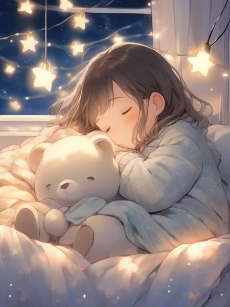 cute little girl sleeping comfortably on a bed, covered with a blanket, stuffed animal, string lights on the wall, window, cozy and comforting atmosphere, nighttime, wonder, pixiv,
