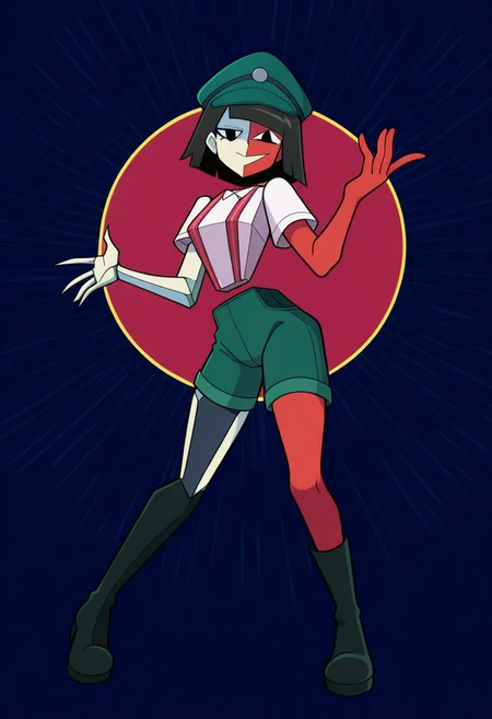 masterpiece, best quality, highres, BREAK, 1girl, solo, ena2, rightface, geometric body, detached limbs, multicolored skin, white and red skin, black eyes, black hair, short hair, blunt bangs, dbbqoutfit, green headwear, peaked cap, white shirt, collared shirt, short sleeves, suspenders, green shorts, black boots, full body, looking at viewer, open mouth, smile, standing, dynamic pose, abstract background