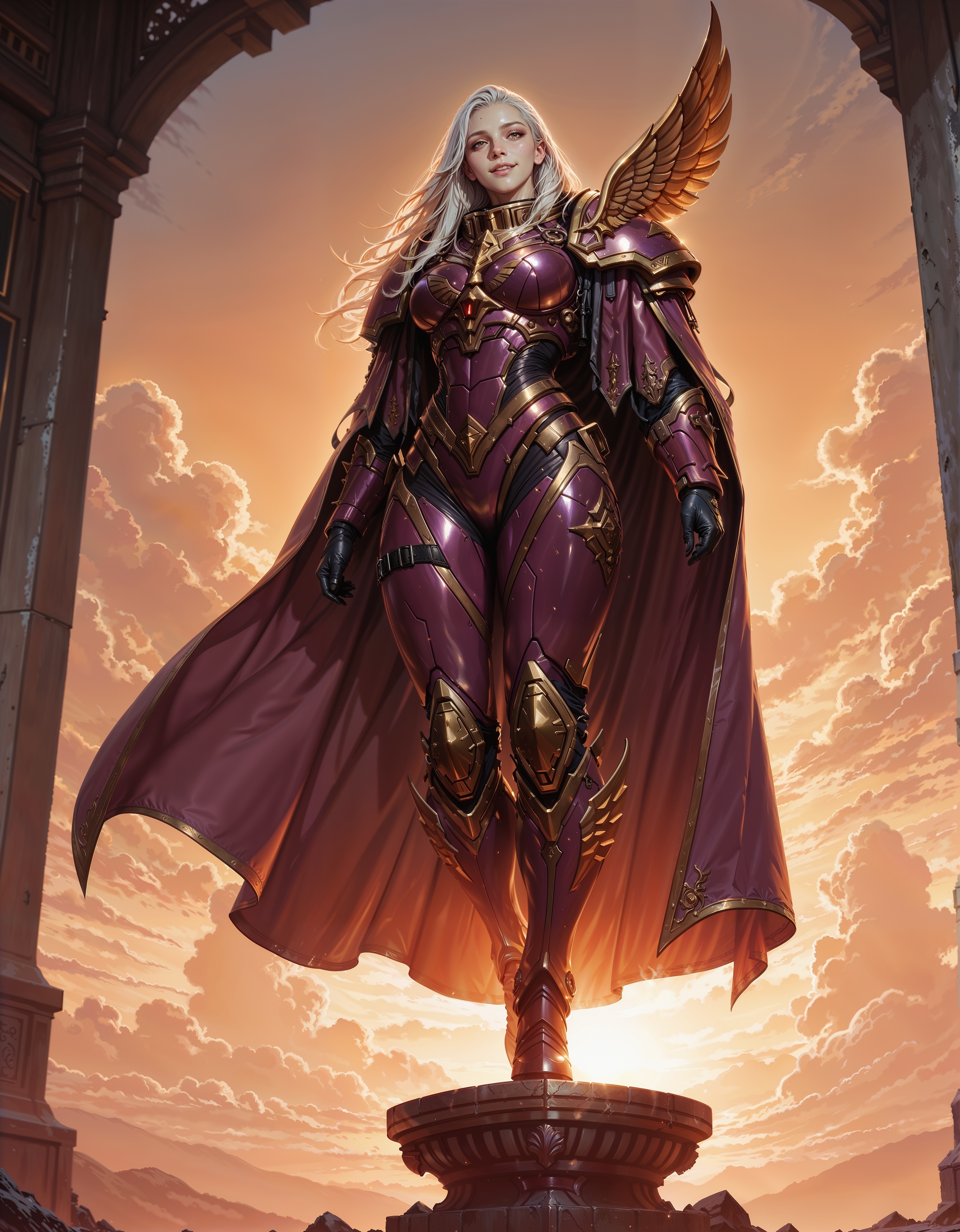 masterpiece, best quality,high quality, newest, highres,8K,HDR,absurdres, dynamic angle, realistic, 1girl, iLLFulgrim40k, solo, power armor, wing ornament, long hair, standing on a pedestal, posing, happy, <lora:iLLMythG0thicL1nes:0.8> G0thicL1nes <lora:iLLFulgrim40k:1>