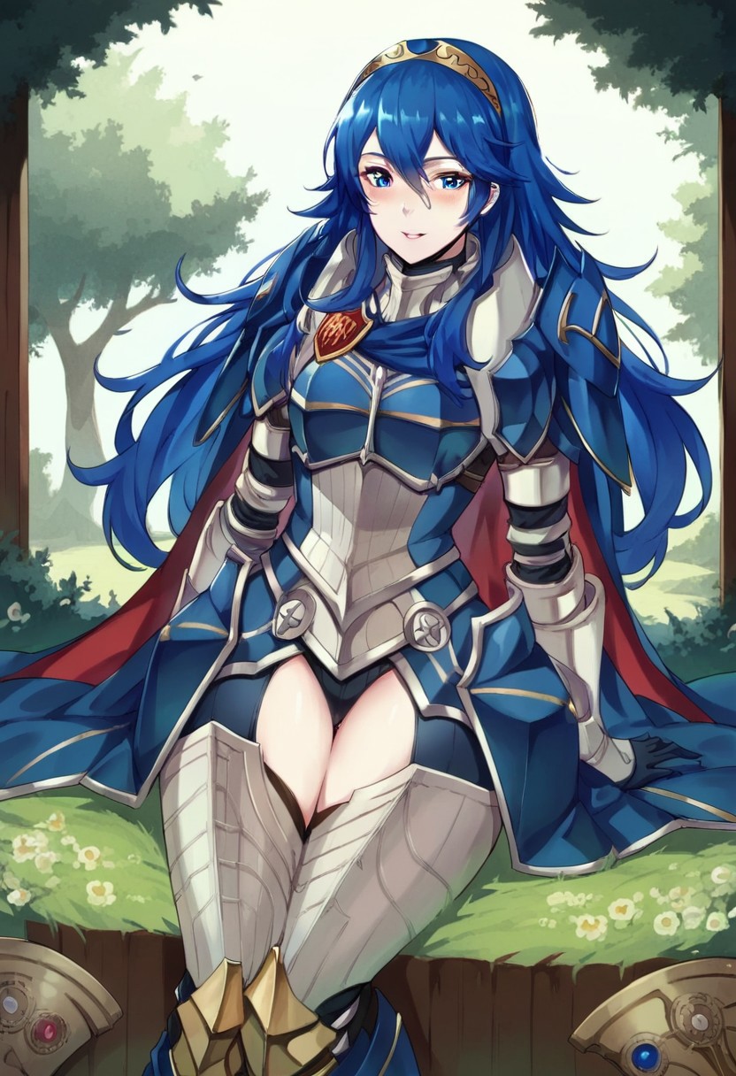 score_9, score_8_up, score_7_up,  <lora:dannex009:1>, uncensored, 1girl, LucinaRearmed, blue hair, long hair, blue eyes, armor, cape, breastplate, thighs, thighhighs, armored boots,, cabin, solo, look at viewer, sitting