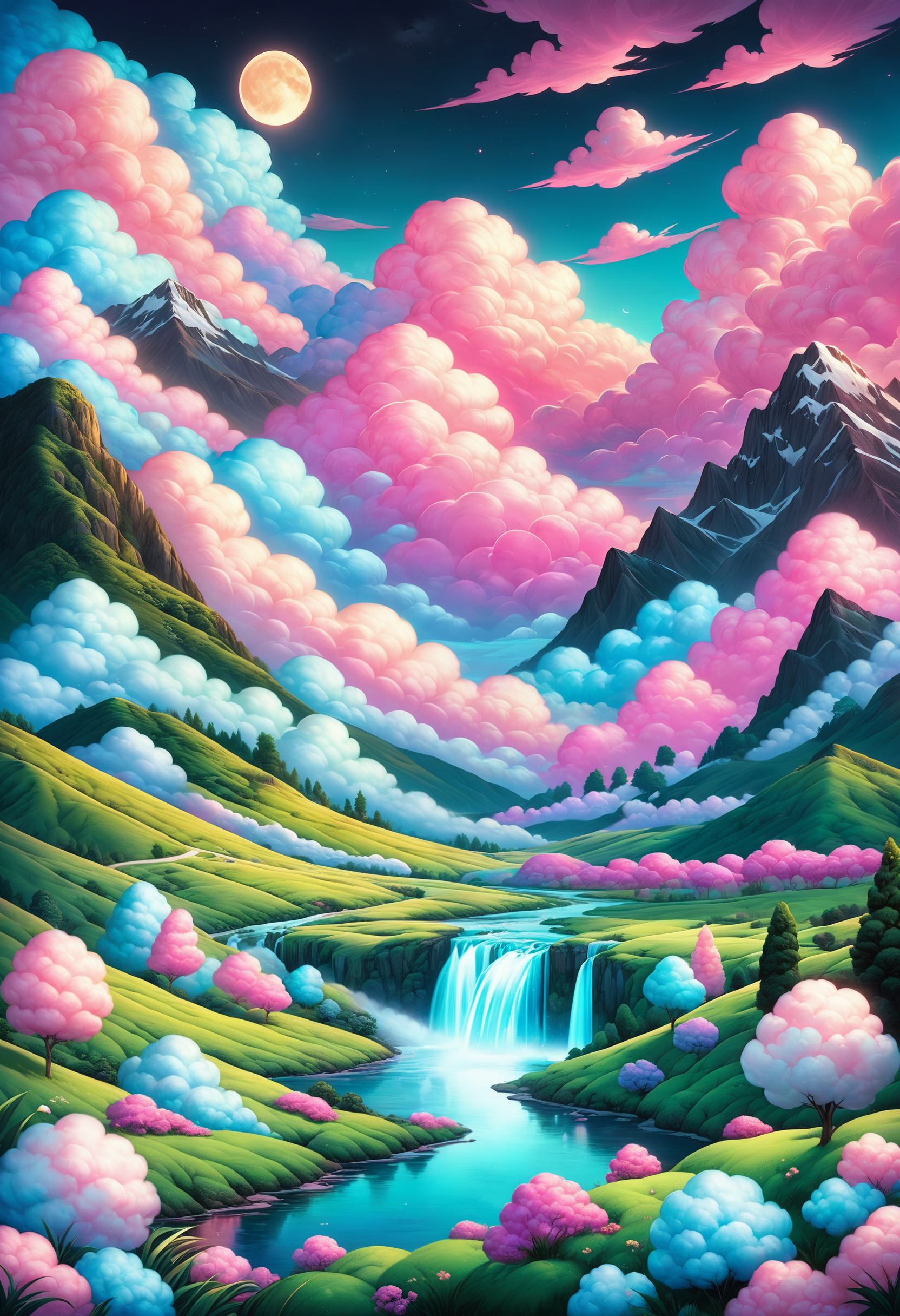 embedding:lazympos, cottoncandy, landscape made of cotton candy, valley, river, waterfall, mountains, clouds, night, neon lights, full moon <lora:Challenge_Winnifier_2025-04:0> <lora:SDXLCottonCandy:1>