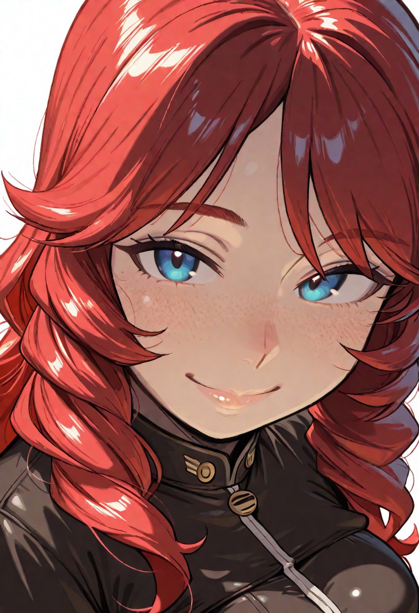 , score_9, score_8_up, score_7_up, masterpiece, best quality,amazing quality,very aesthetic,absurdres,newest, (masterpiece, best quality, highres:1.2), (intricate and beautiful:1.2), (beautiful detailed eyes:1.2), detailed light, (soft lighting, side lighting, reflected light), light freckles, (skindentation), (lustrous skin), 
1 girl, red hair, dyed hair, septum piercing, waist length hair, long hair, wavy hair, blue eyes,medium breasts, 18 years old
,Close up, White Background, Portrait, Chest Up, Fully Clothed, Looking At Viewer, Smile, 
,Uncensored, single view,cpas,ng_deepnegative_v1_75t,Expressiveh