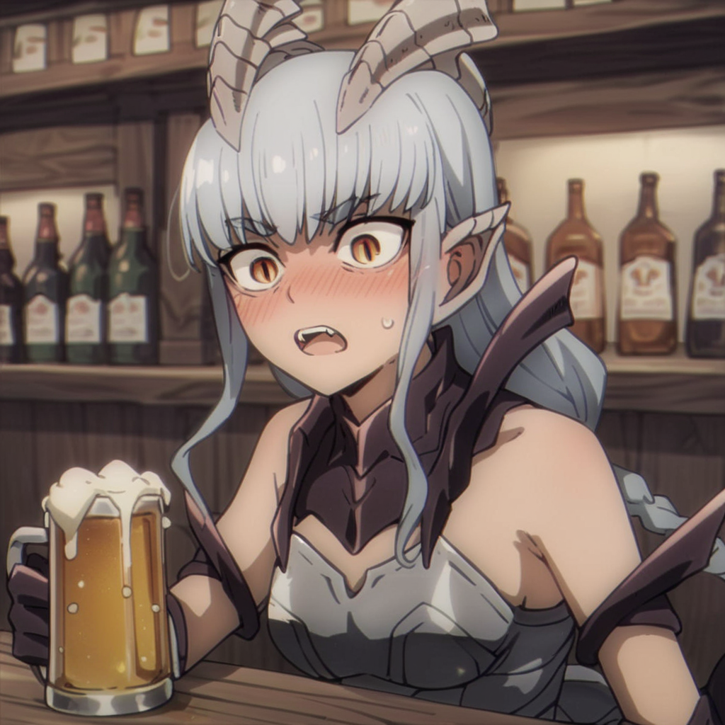 score_9, score_8_up, score_7_up, score_6_up, score_5_up, score_4_up, source_anime, , Waldelia, dragon girl, armor, bar, drinking beer, drunken, cheers, open mouth, blushed