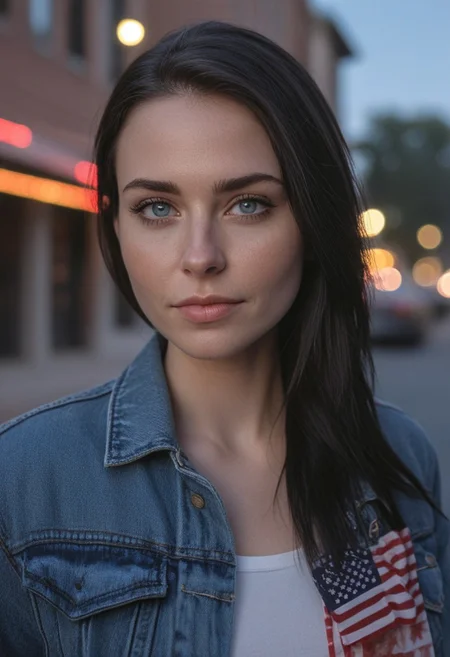 30yo woman holding an American flag.
Blue eyes. perfecteyes 
Wearing Denim jacket trucker hat. 
Long dark black slick back hair. No makeup. Dusk, Street light. Looking at camera POV. Slight smile, tilting head.. Tilt head.
Medium Close Up shot. Bokeh. Bokeh light.