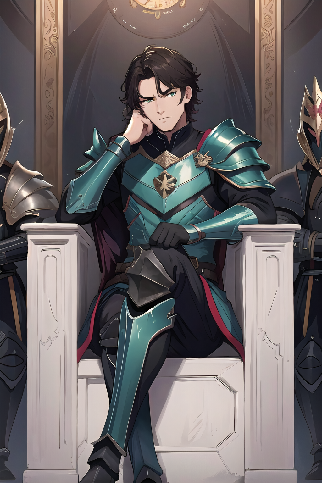 solo focus,masterpiece, hires,high resolution, best quality,mature male, sitting,1boy, dark hair, green eyes, armour, armor, sword, <lora:I_am_the_king:0.8>, royalpresencecheek, hand on own cheek, head tilt, disappointed,