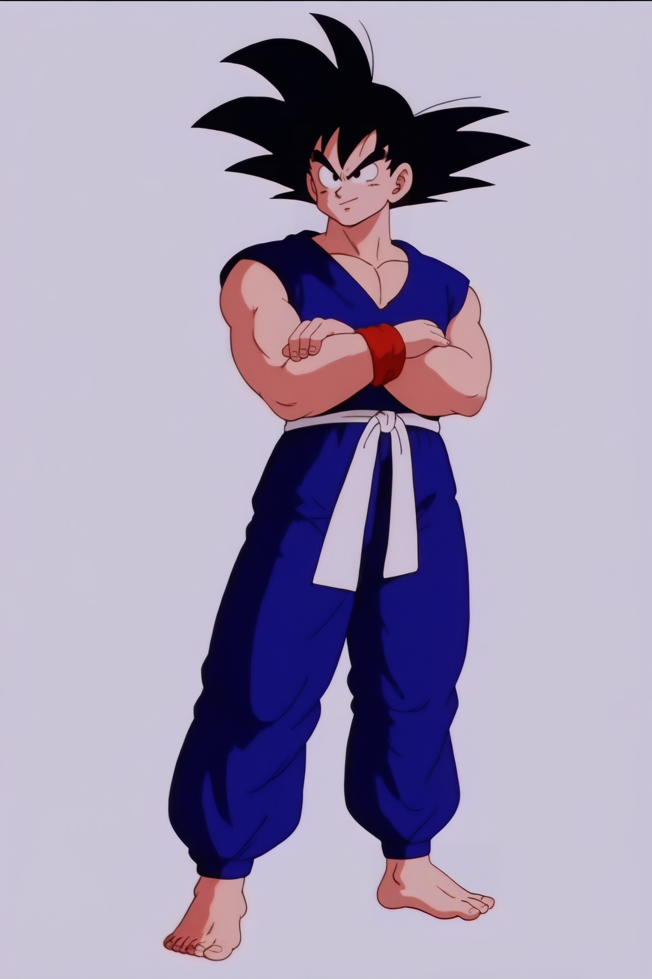 source_anime, score_9, score_8_up, score_7_up, anime screencap,8k, absurd res, 
1boy, solo, 
son goku, aged up, solo, simple background, black hair, 1boy, white background, standing, full body, male focus, barefoot, pants, black eyes, muscular, crossed arms, pectorals, muscular male, spiked hair, blue pants, dougi, v-shaped eyebrows, v-shaped eyes, toenails, hand on arm, white sash, blue topwear, bare arms, sleeveless
 <lora:gokudb_pony_v2:0.8>