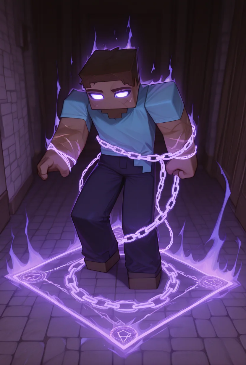 <lora:stevemc-08:1.3> stevemc, 1boy, male focus, cyan shirt, brown hair, dark-skinned male, dark blue pants, square, square body, pose, , scars, no pupils, glowing eyes,, white sclera, , <lora:hold_person-_magic_:1> Hold_person, aura form body , square magic, chain, magic chain, kneeling down,, masterpiece, best quality, amazing quality, very aesthetic, absurdres, newest,