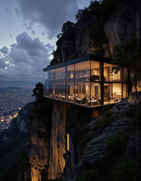 futuristic design. A photo-realistic shoot from below about a glass-walled building perched on a rocky cliff overlooking a city at night. the image also shows a clear view of the city below. on the left side of the image, a group of people are sitting around a long table in a dimly lit outdoor dining area, illuminated by soft, warm lighting. the building appears to be a modern, minimalist structure with a glass facade, and it is situated on the rocky cliffs. the sky is filled with clouds, and the overall atmosphere is peaceful and serene. the lighting is soft and warm, creating a sense of calmness and tranquility.