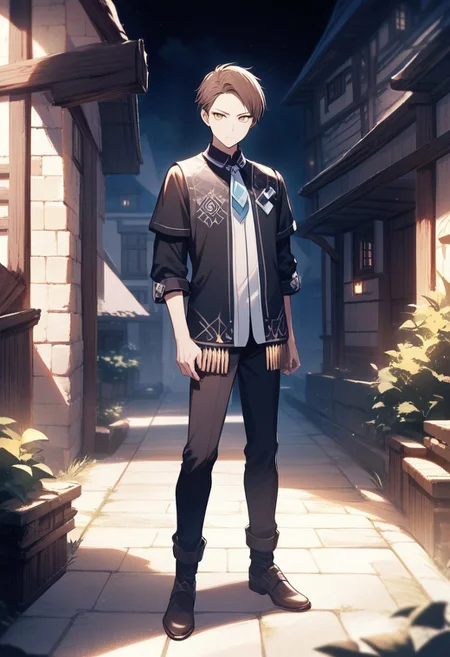 (best quality, masterpiece), 1 boy,18 years old, medieval village, dark mood, Arrogant,
brown hair,textured fringe, no bangs, blue and white color student uniform, full body,
, looking at viewer, Unobtrusive golden eyes, Dull golden eyes,