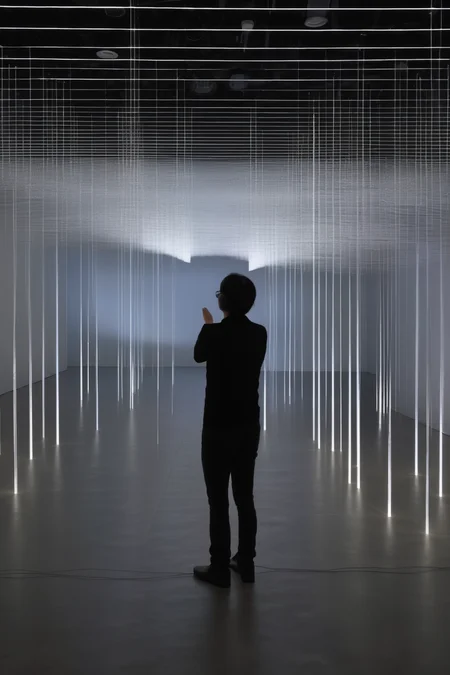 <lora:Ryoji Ikeda Style:1>Ryoji Ikeda Style - a metamodern sound art instillation at an alternative arts gallery in Tokyo inspired