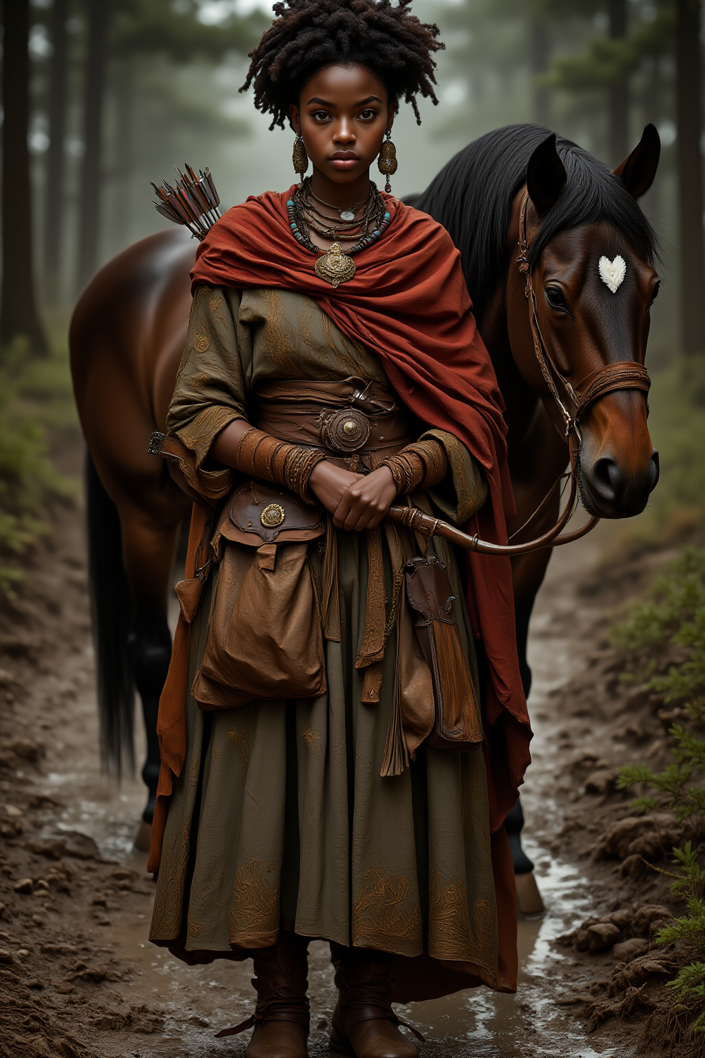 A photo-realistic shoot from a front camera angle about a young woman dressed in traditional clothing stands confidently beside a horse in a forest setting, holding a bow and arrow. on the middle of the image, a 20-year-old dark-skinned woman with an afro hairstyle appears to be standing, looking directly at the viewer with a serious expression. she is wearing a long, flowing dress with intricate gold embroidery and a red shawl draped over her shoulders. her hair is styled in an intricate updo, and she is adorned with jewelry including earrings, a necklace, and a sword. on her right side, a brown horse with a black mane and a white heart-shaped mark is standing beside her. the background is blurred, with trees and greenery, and the lighting is soft and natural, creating a serene atmosphere.

A full body portrait, standing pose, photorealistic, African, fantasy, woman, archer, D&D character, full body portrait, photorealistic, draped cloak, bow, Greg Rutkowski visual style, belt, pouches, cinematic portrait, bun hair, dark skin, detailed, curly hair, horse, wilderness, forest, muddy road, worn boots, styled ornaments, tribal clothing, detailed clothing textures, depth of view, natural sunlight, elegant tribal jewelry, earrings, beaded necklaces, broche or pendant, D&D, fantasy superhero, rogue