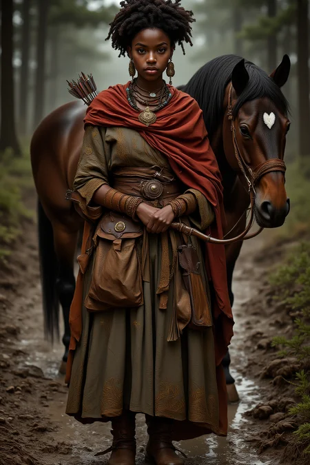 A photo-realistic shoot from a front camera angle about a young woman dressed in traditional clothing stands confidently beside a horse in a forest setting, holding a bow and arrow. on the middle of the image, a 20-year-old dark-skinned woman with an afro hairstyle appears to be standing, looking directly at the viewer with a serious expression. she is wearing a long, flowing dress with intricate gold embroidery and a red shawl draped over her shoulders. her hair is styled in an intricate updo, and she is adorned with jewelry including earrings, a necklace, and a sword. on her right side, a brown horse with a black mane and a white heart-shaped mark is standing beside her. the background is blurred, with trees and greenery, and the lighting is soft and natural, creating a serene atmosphere.

A full body portrait, standing pose, photorealistic, African, fantasy, woman, archer, D&D character, full body portrait, photorealistic, draped cloak, bow, Greg Rutkowski visual style, belt, pouches, cinematic portrait, bun hair, dark skin, detailed, curly hair, horse, wilderness, forest, muddy road, worn boots, styled ornaments, tribal clothing, detailed clothing textures, depth of view, natural sunlight, elegant tribal jewelry, earrings, beaded necklaces, broche or pendant, D&D, fantasy superhero, rogue