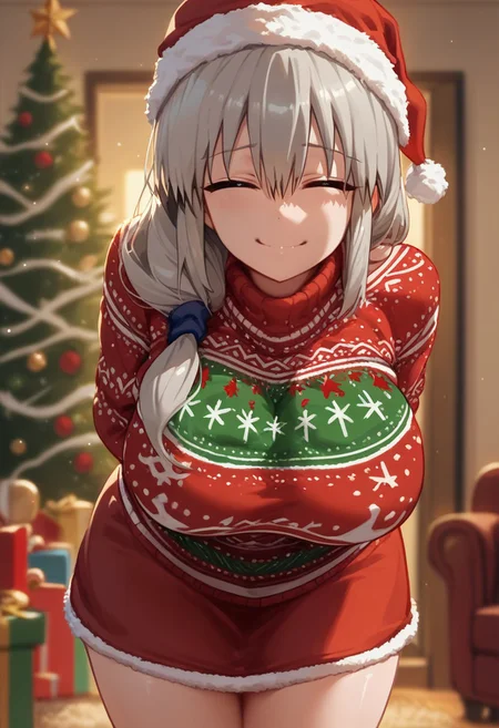 score_9, score_7_up, source_anime, 1girl, Shuuko Uzaki Tsuki (Uzaki-chan wa Asobitai!), Uzaki_Tsuki, blonde hair, silver hair, Hair over the shoulder, closed eyes, massive breasts, shiny skin, shiny body, christmas, christmas sweater, christmas, ugly sweater, print sweater, red sweater, christmas tree, christmas ornaments, sweater, multicolored sweater, santa hat, Hands behind back, leaning forward, Smiling, Red skirt, looking at viewer,