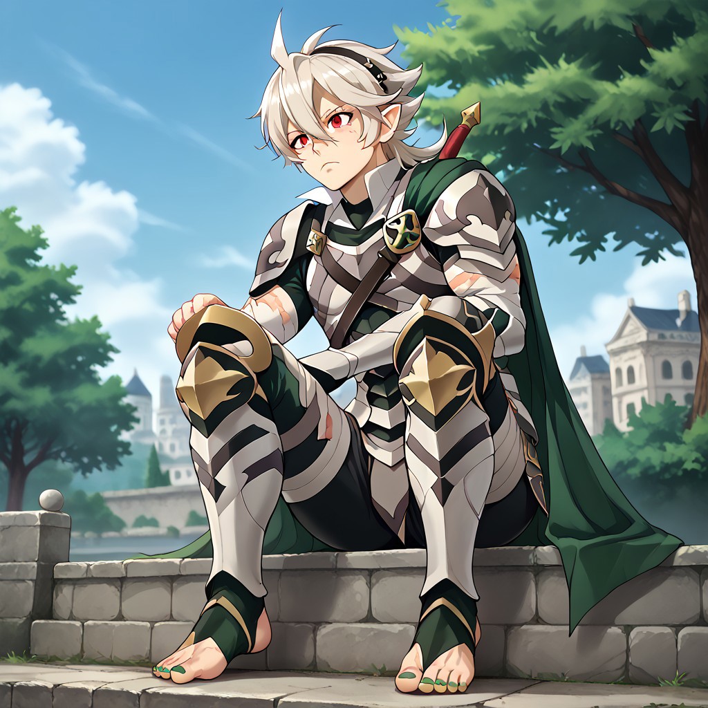 masterpiece, best quality, sharp aliasing, highly detailed, 1male, male body, male,EPfeCorrin, dark green cape, armour, dark green gloves, black pants, wearing pants, outdoors, evening, stone ground, tree, bush, buildings, windy, barefoot, toeless legwear, armoured legwear, armoured arms, shin armour, leg armour, leg and shin armour, shin guards, stirrup legwear, dark green stirrups, 5 toes, Quality, High Definition, Full body view, solo, slimes_sanemi, scar, scars, scar on face, scar on chest, scar on forehead, white hair, muscular, red eyes, slit eyes, pointy ears, sitting, green sword, green toenails, dirty feet, side view, grumpy expression, sitting on ledge