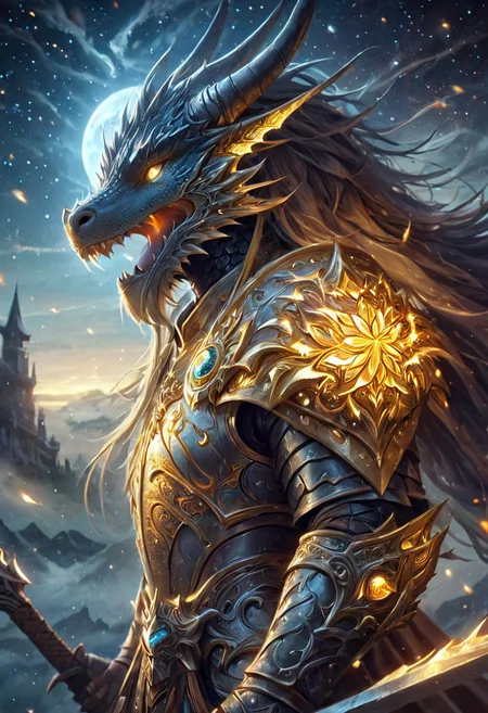 4k, high resolution, best quality, perfect colors, perfect shadows, perfect lighting, final showdown super illustration extremely detail, story of the brave, light sky,  glory, supernatural existence, events when hope exists, seek more power, riding dragon with a glittering in a sparkling land, dragon riding, dragon armor is strong and shiny, head covering with two tails, aura of power, all range, starlight, bright moon, determinasi eyes, dashing and handsome, beautiful detail, glittering, until the afterlife, feel the last time, heartbeat double exposure, an impending strong enemy, oil painting, fantasy, digital art, highly detailed, overall detail, atmospheric lighting, Awash in a haze of light leaks reminiscent of film photography,  awesome background, highly detailed styling, intricate details, highly detailed, cinematic,