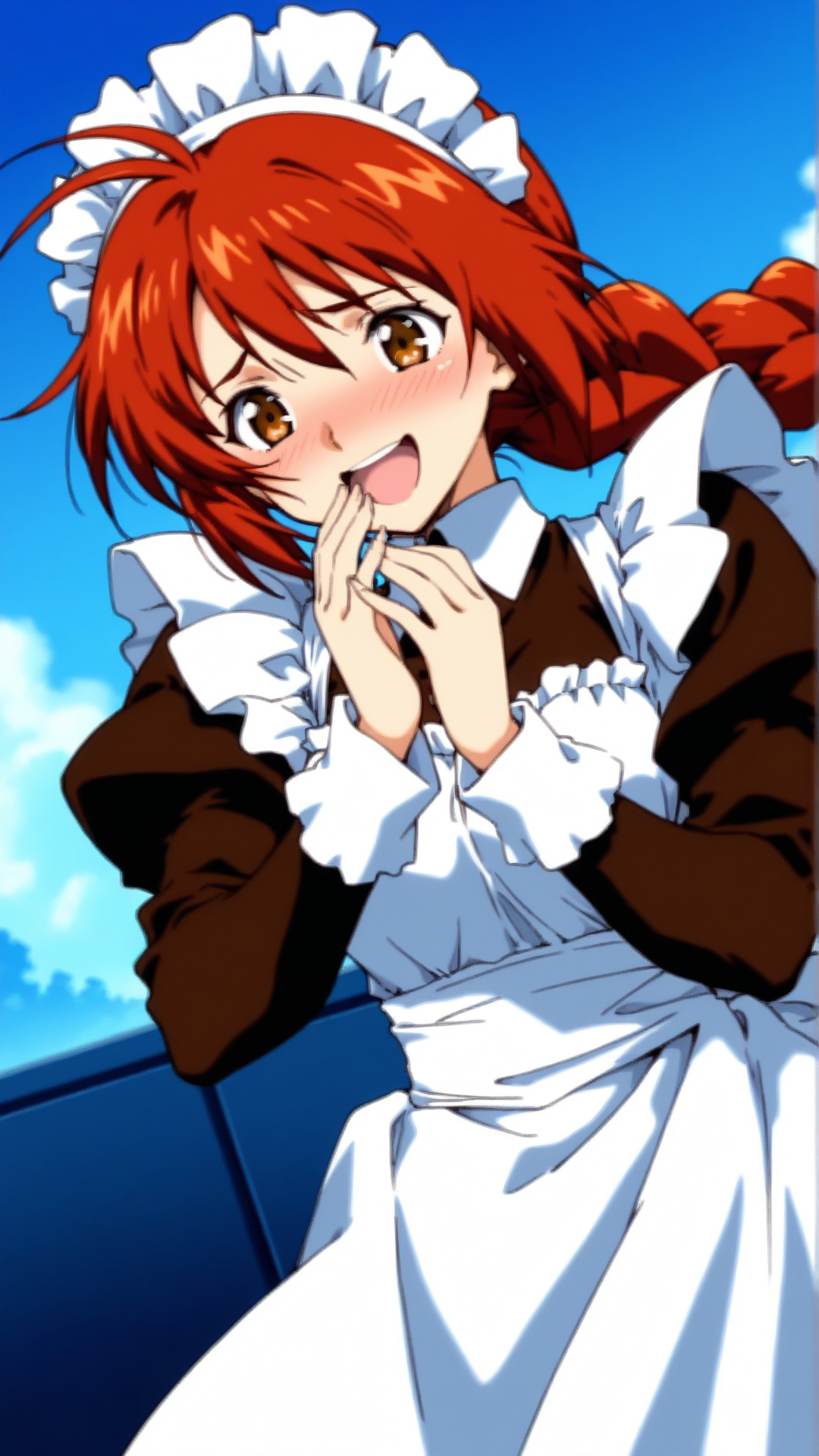 source_anime, general, best quality, masterpiece, 1girl,  <lora:honey_B_ill:1> honey_b\(gbattle\),braid, red hair,long hair,single braid,brown eyes,maid, maid headdress, maid apron, laughing, (embarrassed:0.8) , dynamic pose, dutch angle,