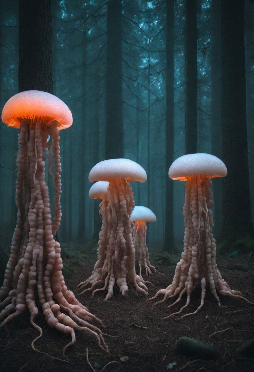 A jellyfish forest with mushrooms glowing in the dark, a forest fantasy in a nature scenery. hideous, monstrous, dwarf humans performing an ancient ritual <cdt:d1=2;d2=2;hrs=1;hd1=2;hd2=2;st1=12;st2=0>