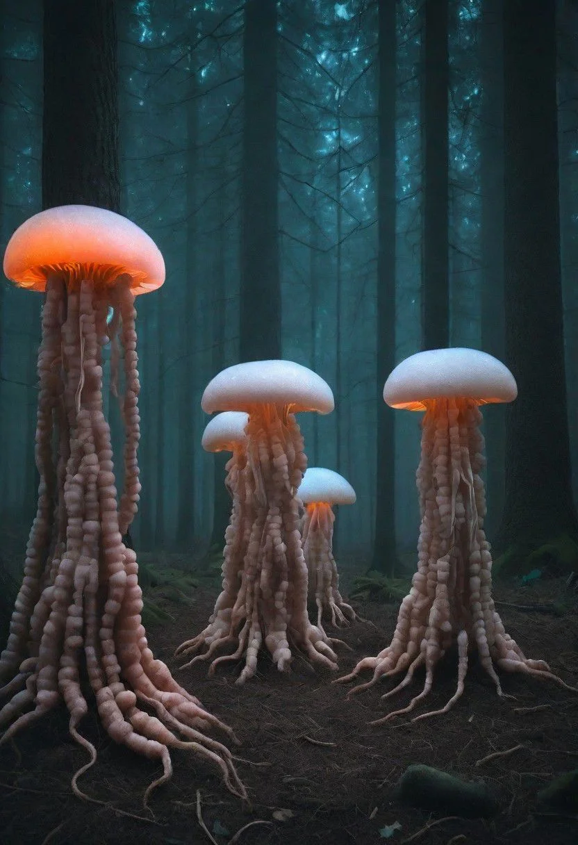 A jellyfish forest with mushrooms glowing in the dark, a forest fantasy in a nature scenery. hideous, monstrous, dwarf humans performing an ancient ritual <cdt:d1=2;d2=2;hrs=1;hd1=2;hd2=2;st1=12;st2=0>