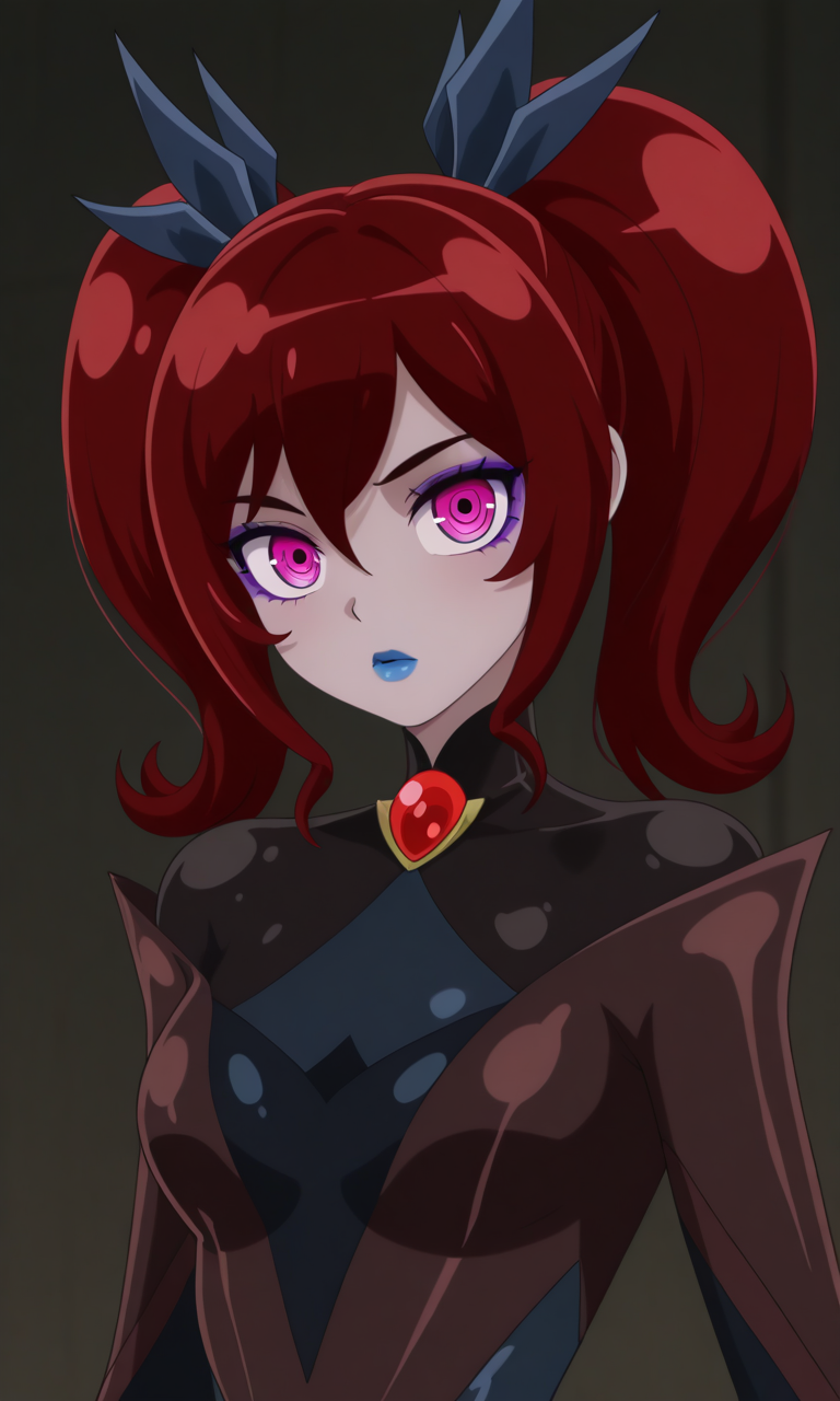 1girl, solo,zeyet, dark red hair, twintails, black hair ribbon, deep pink eyes, purple eyeshadow, blue lips, black bodysuit, red brooch, portrait, looking at viewer, masterpiece,best quality,amazing quality,very aesthetic,absurdres,newest,