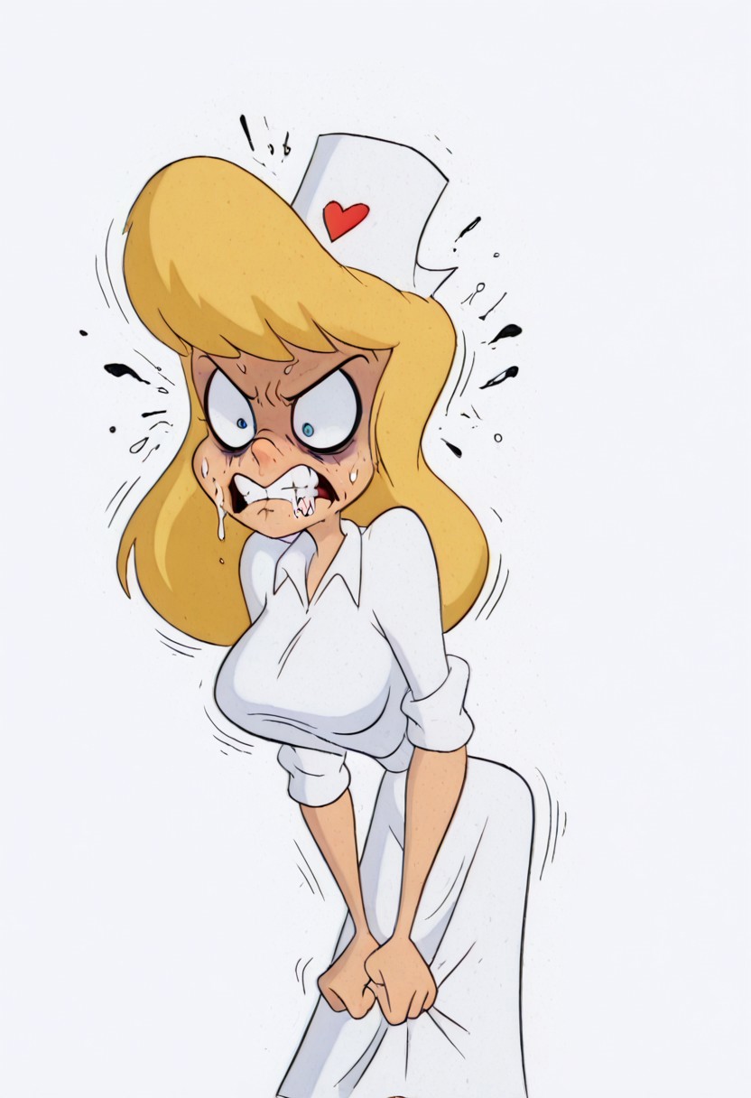 masterpiece, best quality, amazing quality, absurdres,(((((white background))))), (((hellonurse))), (((angry))), (((extremely offended))),((((extremely heartbroken)))), blonde hair, (((wide open eyes))), (((1girl))), alone, big breasts,((((slim body))))),eyeshadow,((((((((((extremely rabid)))))))))), twerking,nurse outfit, Heloise Nerz, hellonurse, dirty, detailed body, detailed face, highly detailed body, highly detailed face, dynamic pose, posing, ((((((angsty))))), (((((furious)))))), (((((submissive)))))), 1girl, dirty messed burnt blonde  hair, wounds, hit herself,  selfharm,terror,((((fear)))), wounds on face, wounds on body, extreme amount of wounds, wounds everywhere, (((((bags under eyes))))),  bags under eyes, shiners, stupid, dumb, extremely stupid, extremely dumb, no brain, brain damage, stupid blonde, extremely stupid blonde,  blue eyes, eye twitching, nervous eye twitching, extremely hard eye twitching, totally burnt hair, sexy, horny, flowing saliva, scared, in love, extremely dirty dress, hardly beaten fifty times, confused, humiliated face, depressed face, black eyes,  extremely broken heart, wall eyes, shaggy hair,smashed mouth, crazy emotion, narrow waist