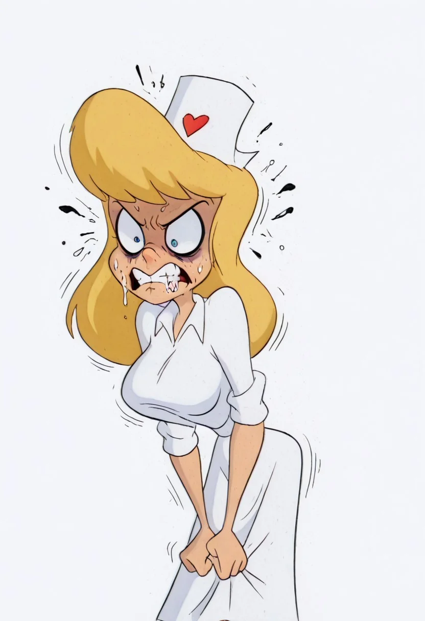 masterpiece, best quality, amazing quality, absurdres,(((((white background))))), (((hellonurse))), (((angry))), (((extremely offended))),((((extremely heartbroken)))), blonde hair, (((wide open eyes))), (((1girl))), alone, big breasts,((((slim body))))),eyeshadow,((((((((((extremely rabid)))))))))), twerking,nurse outfit, Heloise Nerz, hellonurse, dirty, detailed body, detailed face, highly detailed body, highly detailed face, dynamic pose, posing, ((((((angsty))))), (((((furious)))))), (((((submissive)))))), 1girl, dirty messed burnt blonde  hair, wounds, hit herself,  selfharm,terror,((((fear)))), wounds on face, wounds on body, extreme amount of wounds, wounds everywhere, (((((bags under eyes))))),  bags under eyes, shiners, stupid, dumb, extremely stupid, extremely dumb, no brain, brain damage, stupid blonde, extremely stupid blonde,  blue eyes, eye twitching, nervous eye twitching, extremely hard eye twitching, totally burnt hair, sexy, horny, flowing saliva, scared, in love, extremely dirty dress, hardly beaten fifty times, confused, humiliated face, depressed face, black eyes,  extremely broken heart, wall eyes, shaggy hair,smashed mouth, crazy emotion, narrow waist