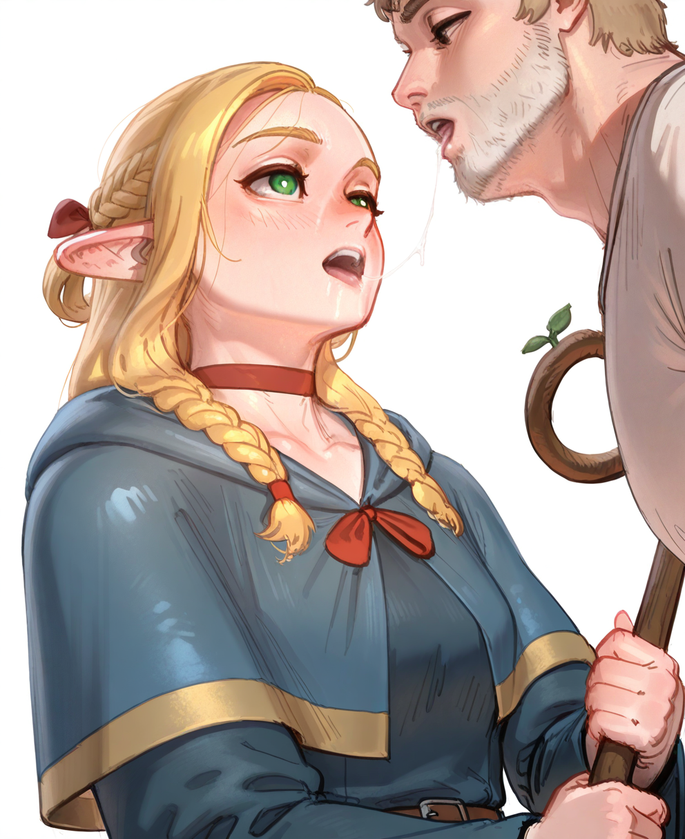 <lora:wassnonnamC:1> wass nonnam, wassnonnam,
(masterpiece), (best quality), (ultra-detailed), amazing quality, very aesthetic, illustration, perfect composition, intricate details, absurdres, incredibly absurdres, shiny skin, realistic,
 wassnonnam, marcille donato, blonde hair, 1girl, elf, blush, pointy ears, green eyes, , braid, staff, white background, saliva, simple background, open mouth, facial hair, blue capelet, after kiss, capelet, long sleeves, long hair, head out of frame,  staff, saliva trail, beard, out of frame, up, 1boy, looking at another, imminent kiss, marcille donato, sensitive