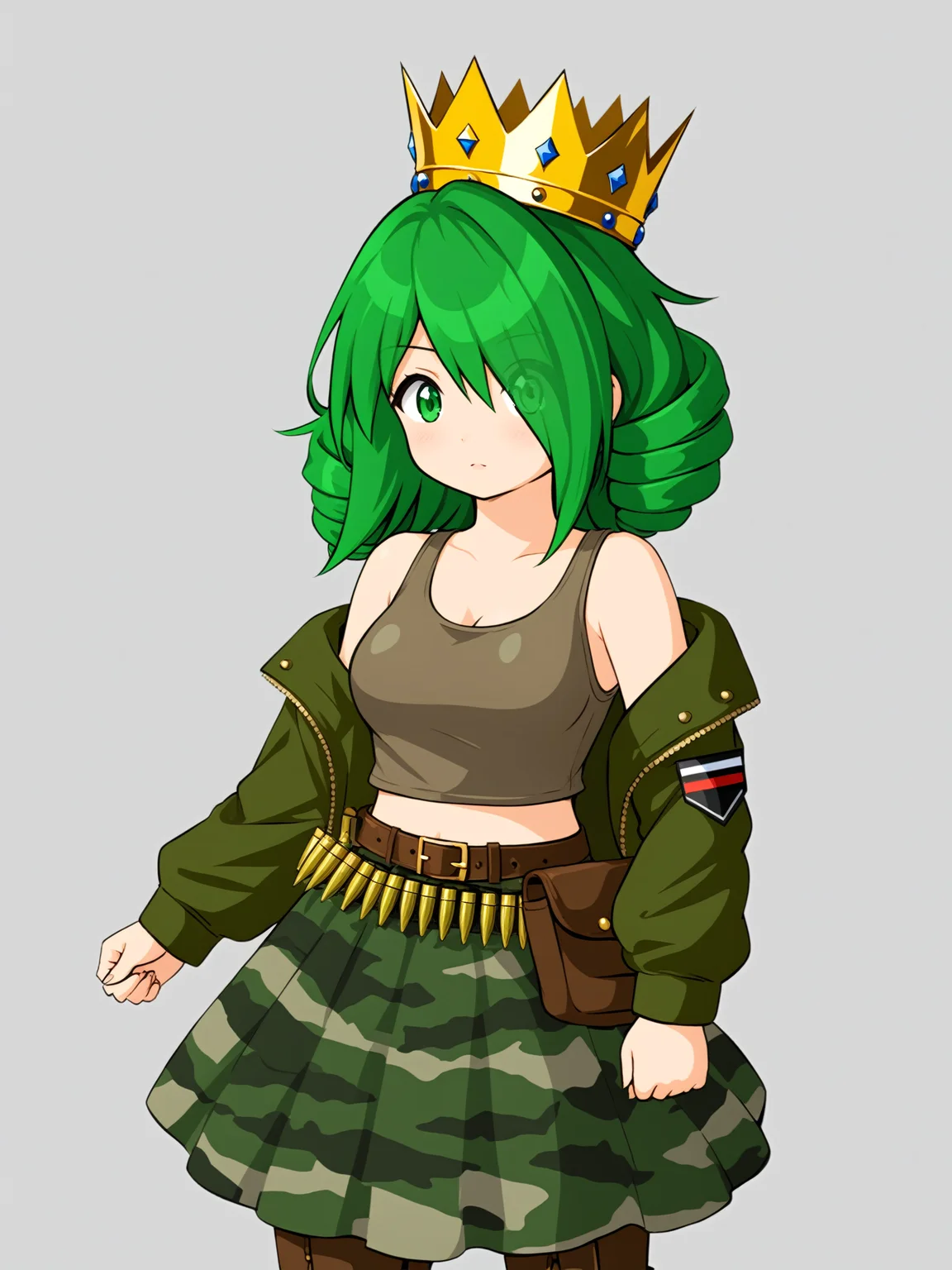 masterpiece, best quality,
1girl,solo, 
 <lora:epicanna.sdxl.v1:0.5> eyes visible through hair
mibrounifo, brown tank top, green jacket, green skirt, ammunition belt, belt bag, brown boots, bare shoulders, long sleeves, camouflage
[green hair, green eyes::0.3]
upper body, cowboy shot, 
crownhastyle, golden crown, drill hair, hair over one eye
simple background, grey background,
