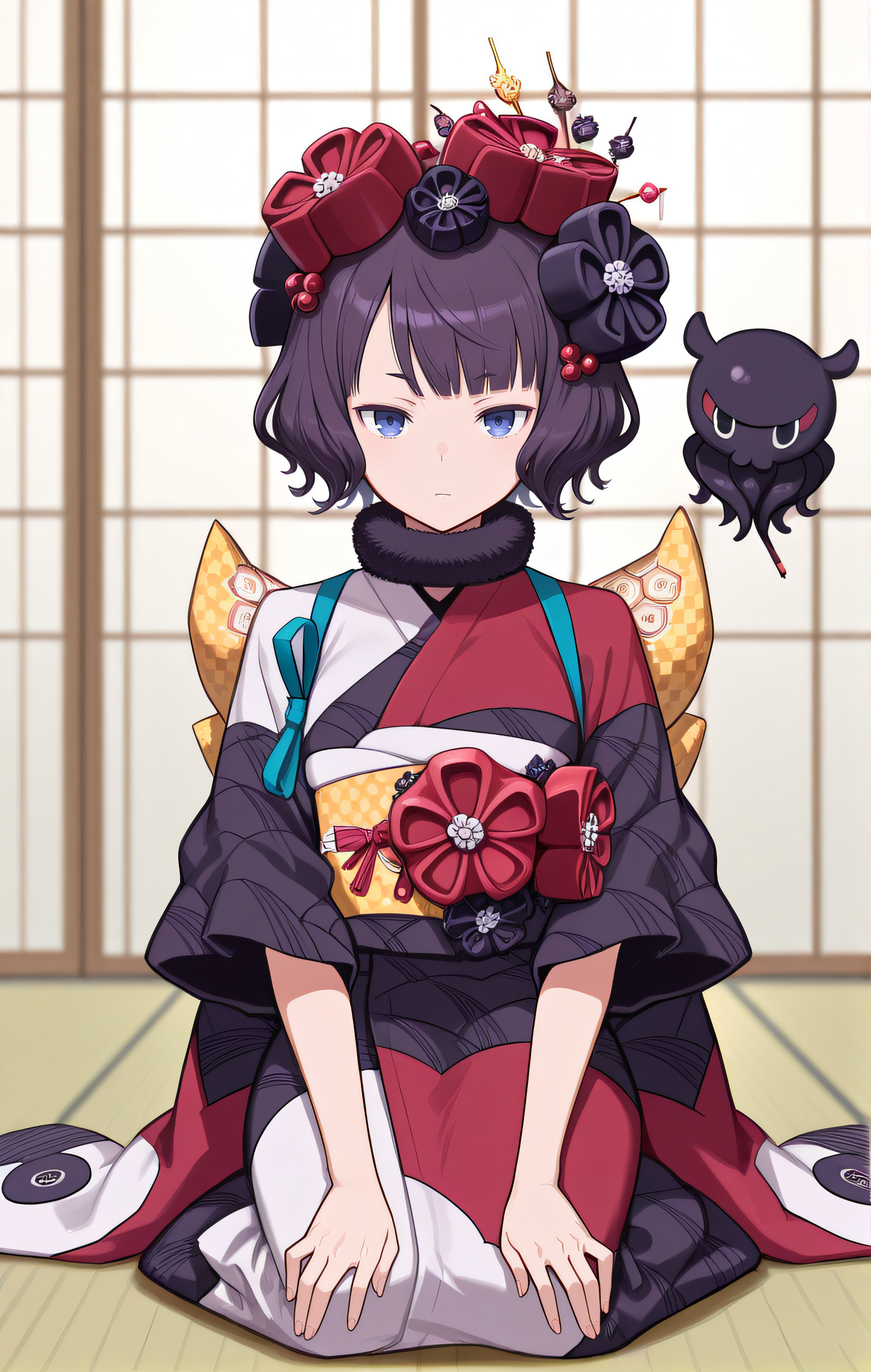 masterpiece, best quality, amazing quality, highres, absurdres, very aesthetic, high resolution, ultra detailed, perfect details, 1girl, solo, <lora:IL_Katsushika_Hokusai:1>, katsushika hokusai (fate), tokitarou (fate), oui, purple hair, blue eyes, hair flowers, hairpin, fur collar, japanese clothes, kimono, yellow obi, wide sleeves, closed mouth, indoor, tatami, full body, octopus, kneeling, looking at viewer, frontal view, expressionless, hands on knees, wariza