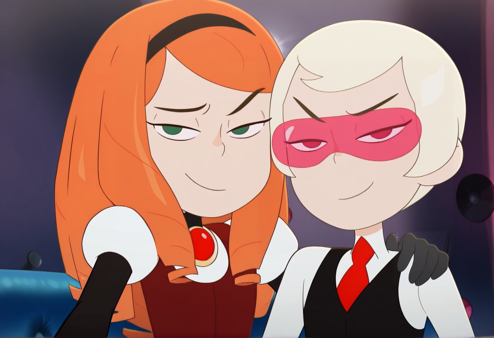 close-up, portrait, 2girls, selfie, indoors, disco, sitting, couch, club, smile, smug, 1girl, MinaDroners, green eyes, orange hair, long hair, drill hair, black hairband,bodysuit, black long-sleeved black top with a zigzagged turtleneck, white shirt, red brooch, puff sleeves, dark red vest, white cuffed gloves, black shorts, fur trim, hand on shoulder, looking at viewer,   <lora:Mina_Droners:1>
BREAK
close-up, portrait, 2girls, selfie, indoors, disco, sitting, couch, club, smile, smug, 1girl, Victoria, platinum blonde hair, short hair, wavy bob, fair skin,pink-tinted sunglasses, white shirt, black vest, red tie, high-waisted gray pants, black gloves,  hand on shoulder, looking at viewer,  <lora:Victoria_Droners:1>, masterpiece, best quality, amazing quality, very aesthetic, absurdres, highres, newest