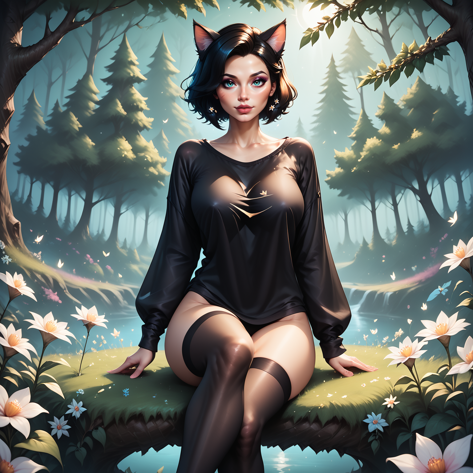 score_9, score_8_up, score_7_up, score_6_up, score_5_up, score_4_up, fairytale forest, ambient lightning, Jed-Fanfopo, flowers of all kinds, magical atmosphere, Fantasy,  ,, masterpiece, full of details, sharp , , crossed legs,  1 girl,catgirl, catears, cattail, Jed-ovrszd,  black oversized shirt,  black stockings, long sleeves, full body, <lora:FantasyForestPONY_epoch_6:0.5>,<lora:Oversized_epoch_3:0.7>