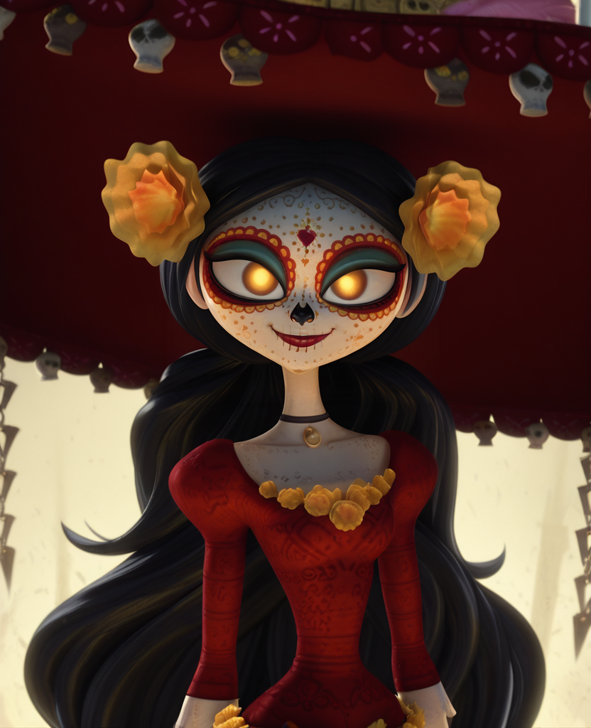 highres, absurdres, 3d,  <lora:La_Muerte_IILUS:1>, lm1, large hat, 1girl, glowing eyes, yellow eyes, red dress, bracelet, choker, facepaint, black hair, long hair, portrait, hair ornament, looking at viewer, smile,