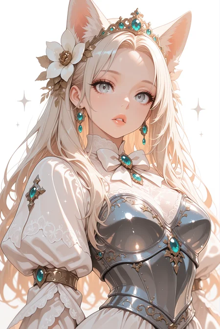 masterpiece, best quality, 1girl, animal ears, blurry, bowtie, breastplate, cat ears, cowboy shot, earrings, eyelashes, gem, grey eyes, hair flower, hair ornament, lips, long fingernails, long hair, looking at viewer, medium breasts, parted lips, puffy sleeves, simple background, solo, sparkle, tiara, upper body, white background, <lora:Oliv2b:1>, oli