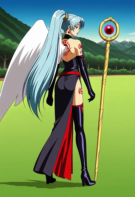 anime screencap, anime coloring, 1girl, solo, full body, serious, outdoors, park, Outer space, mountains, butt-turning, from behind, looking back,
<lora:Ihadulka_pony1.2:0.8>Ihadulka, blue hair, long hair, facial mark, gloves, earrings, elbow gloves, jewelry, forehead mark, dress, ponytail, black gloves, tattoo, staff, black thighhighs, weapon, boots, white wings, belt, holding, side slit, single hair bun, thigh boots, medium breasts, lipstick, makeup, purple lips, very long hair, red eyes,