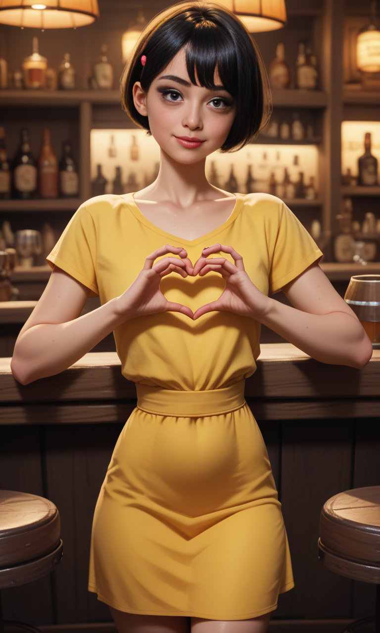 score_9, score_8_up, score_7_up, score_6_up, score_5_up, score_4_up,  slim girl in a pub  ,  fiheartcl,  making heart with hands, yellow short dress  , (a short dark haircut)    <lora:FingerHeartPony:.8>