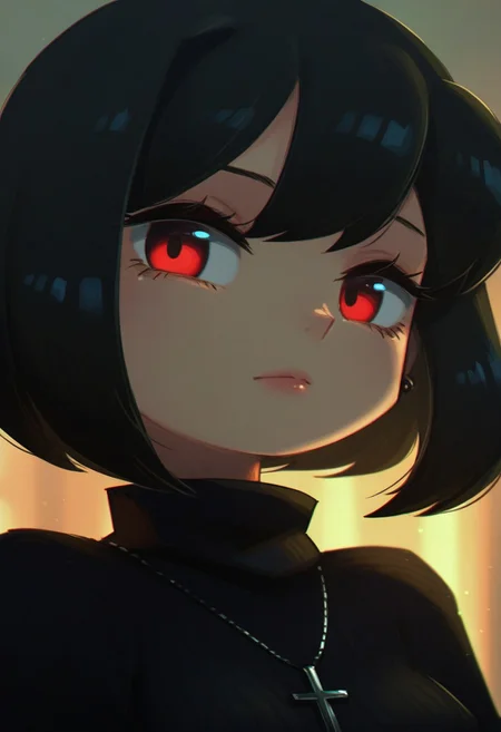PRFRV Style, atmospheric lighting, 1girl, solo, short hair, black hair, jewelry, looking at viewer, necklace, cross, portrait, bangs, red eyes, closed mouth, turtleneck, blurry background, cross necklace, lips, piercing, blurry, bob cut, eyelashes