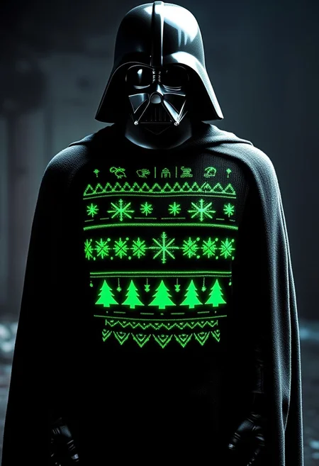 xmas_style_2K24,
Darth Vader standing with his front to the viewer, wearing a cozy Christmas-themed black sweater adorned with glowing green festive patterns. The intricate design features symmetrical snowflakes, Christmas trees, and decorative geometric shapes, all softly glowing with a warm neon green hue. The sweater has a knitted texture with festive holiday details, and the characteras hood is up, creating a cozy winter vibe. The background is a dark, soft space that highlights the glowing Christmas lights on the sweater, evoking a cheerful holiday atmosphere
