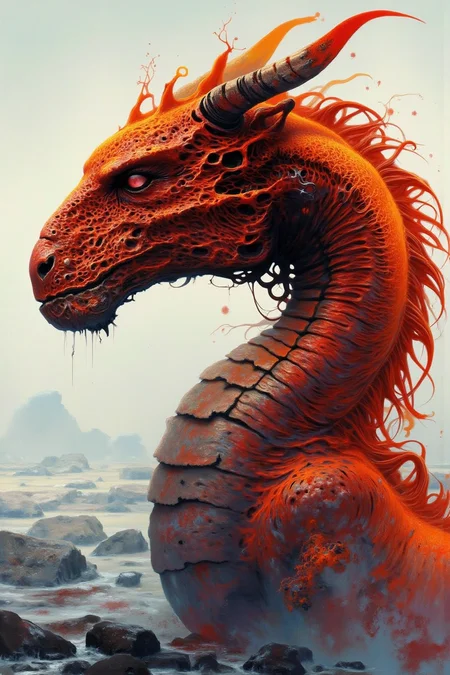Frekz, YFG-F@ce, Ultra-realistic. sharp focus, dynamic lighting. play of light, reflection, refraction, Raytracing, Ultra detailed. A fire dragon made of red and orange ink splats in Antarctica.