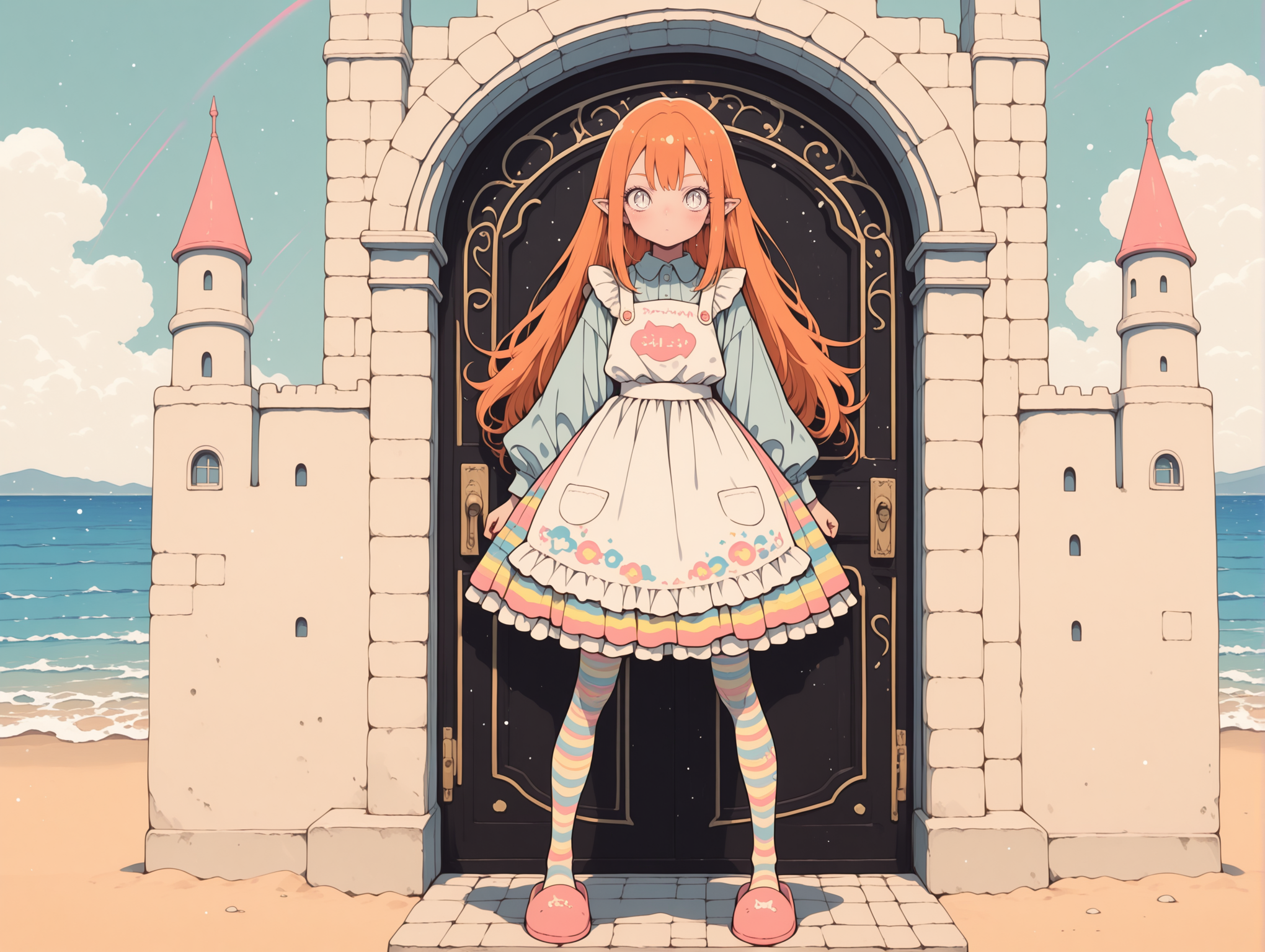 masterpiece,best quality,amazing quality, solo, character focus, outlines, flat color, Vintage, 1990s \(style\), light particles, vibrant, high contrast, 
 soft lighting,    pastel White hues,  soft colors,     
1girl,   pastel Orange hair,  pastel White eyes, slit pupils,    slippers, colorful striped tights,  pointy ears,  long eyelashes,   fair skin, leg tattoo,  solo, 
mid-walk,  
elaborate print,    multicolored clothes, split colors,        
   apron skirt, shirt,   
sfw,  
exterior, castle gate, sparkling dust, rainbow sky, 
beach, glistening dewdrops, 
<lora:add-detail-xl:2> <lora:Detailer_NoobAI_Incrs_v1:1> <lora:feet_anime_il_v3:1> <lora:detailed_hands:1> <lora:anime_screencap-Illustrious:0.2> <lora:S4bit4mago:1> S4bit4mago_illu, <lora:OldAnimeStyle_XL_v3:0.2> <lora:re4lity:0.3> re4lity_sync_illu <lora:MJPA:0.2> MJPA <lora:NijijourneyNoob_byKonan:0.6> <lora:Clean_Chibi_Style:-0.8>