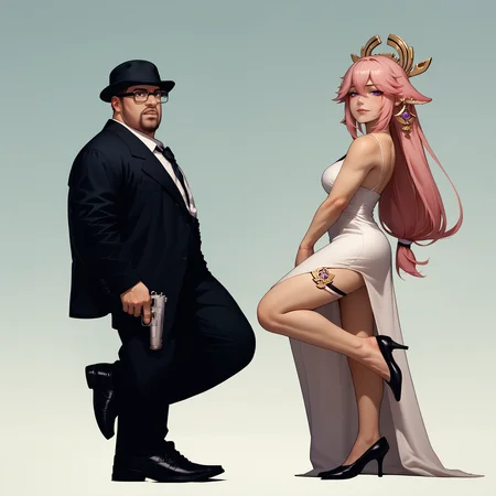 score_9, score_8_up, score_7_up, mr&mrssmith, standing on one leg, full body, <lora:Mr&MrsSmith_pdxl_Incrs_v1:0.55>, leaning back,
BREAK 1boy, formal, gun, <lora:BigSmoke_XLPD:0.8> BigSmoke, black eyes, dark-skinned male, facial hair, glasses, black headwear,
BREAK 1girl, dress, yae miko, elegant, formal,