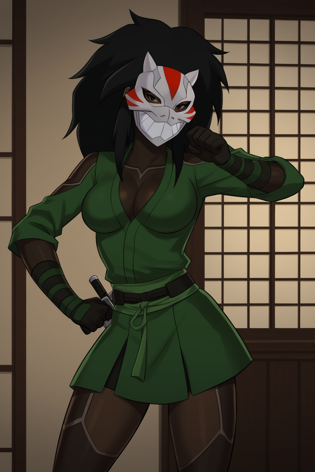 PonyXLV6_Scores BREAK (parody, perfect anatomy, perfect eyes, cowboy shot) BREAK <lora:Cheshire:0.8> jade nguyen, long hair, black hair, dark-skinned female, ((looking at viewer)), ((mask)), bodysuit, gloves, skirt, large breasts, curvy, toned, athletic, action pose, martial arts, holding weapon, sai (weapon), indoors