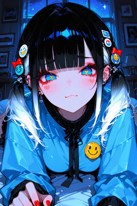 masterpiece, best quality, Good quality, very aesthetic, absurdres, newest,
BREAK
1girl, solo, long_hair, looking_at_viewer, blush, black_hair,gradient hair,white hair,hair_ornament,:3, jewelry, twintails, blue_eyes,heart, earrings, blunt_bangs, star_\(symbol\),
BREAK
slutty,horny,sexually suggestive,
BREAK
mole,mole_under_eye,frown, blush_stickers, red_nails, ear_piercing, short_twintails,straight-on, badge,extra_eyes, button_badge, sticker, smiley_face,
BREAK
((lying,full body,))(on_bed,indoors,dark,night)
BREAK
<lora:USNR STYLE_XL_loha:0.4> <lora:MoriiMee_Gothic_Niji_Style__Pony_LoRA:0.7> <lora:ppw_v7_Illuv1.0_1_r2:0.3> <lora:XXX477:0.6>