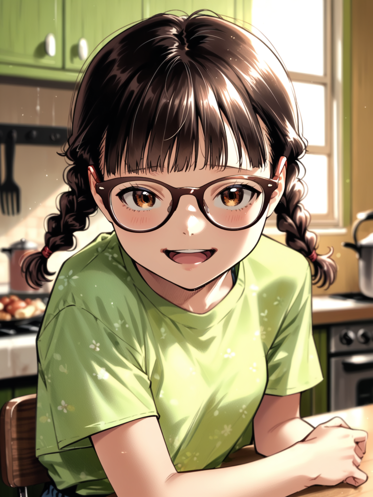 <lora:happy_tentacle-mitorinka-v0.2:1>, ht_mitorinka, glasses, small breasts, brown hair, brown eyes , smile, open mouth, indoors, kitchen upper body, 1girl, (petite:1.2), solo focus, (looking at viewer:1.1), backlighting, (depth of field:0.8), , [(realistic, photorealistic:1.2):(realistic:1.2):22], [(3d:1.2)::12], <lora:LUUNA's Lunas-NijiJourney-SDXL-B2:0.5>, nijijourney, <lora:prgfrg23's Counterfeit-V3.0 Style SDXL_LoRA_Pony Diffusion V6 XL:0.35>, <lora:Shed_The_Skin's StS_age_slider_v1_initial_release:-1>, score_9, score_8_up, score_7_up, score_6_up, score_5_up, score_4_up