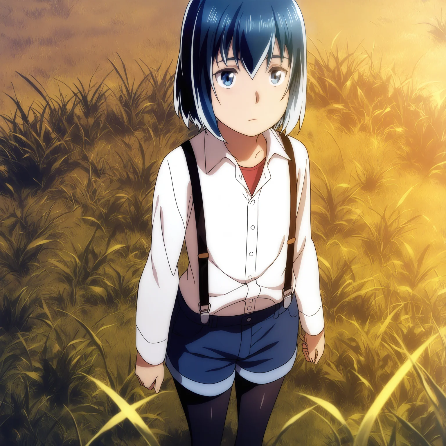sharp focus, pixiv masterpiece, score_9, score_8_up,  source_anime, score_7_up, best quality, high res, absurd res, BREAK
 <lora:Hina_hinamatsuri_illustrious_v32:1>, hina_matsuri_il, (1girl, solo:1.6), short_hair, blue_hair, blue_eyes, white_collared_shirt, rolled_sleeves, suspenders, jeans_shorts, cowboy shot,  outside, tall grass, yellow grass, sunset,