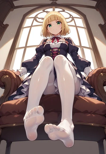 score_9, score_8_up, score_7_up, 1girl, shiny skin,no nsfw, white tights, dynamic pose, (soles), sitting, armchair, Victorian furniture , windows, chiaroscuro, side lighting, (((from below))), foreshortening,1girl,Sana Kashimura