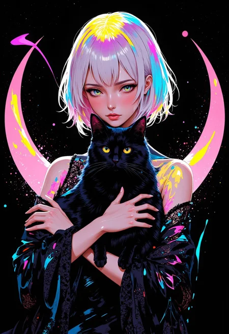 weibo,drawing,illustration retro 90's,yoji shinkawa,James Jean,Ayami Kojima, A close-up front view a sexy 57 year old woman with a futuristic sitting on a crescent moon, anime-inspired look, featuring short, white hair that shimmers with a spectrum of pastel colors—pink, blue, yellow, and green—blending seamlessly together in a holographic effect. Her arms are crossed delicately over her chest, as if embracing cat. The crescent moon glows softly with pink and yellow hues. The sky is dotted with faint, twinkling stars that enhance the magical, otherworldly atmosphere. She wears a lace-adorned a that dress flows gracefully, complementing the celestial elements. The lighting is vibrant and colorful, casting reflections that create a prismatic, digital glitch effect around her face and hair, giving her an ethereal, otherworldly appearance. Composition is full shot, with a three-quarter view. The background is a solid black, enhancing the neon-like glow and the iridescent colors, making her features pop with a mesmerizing, dreamlike quality.anime_style,white_hair_with_pastel_colors,lip injections,plastic surgery,dimples,neck lines,lace_dress,soft_expression,holographic_effect,digital_glitch,prismatic_lighting,neon_glow,black_background,ethereal_aesthetic,cyberpunk_touch,dreamlike_quality,hair bio ink,futuristic_anime, cat, 
<lora:FluxMythP0rtr4itStyle:0.6> <lora:flux.1_lora_flyway_Epic-Characters_v1:0.6> <lora:Elden_Ring_-_Yoshitaka_Amano:0.33>, DB4RZ, DB4RZ style painting,fix cat