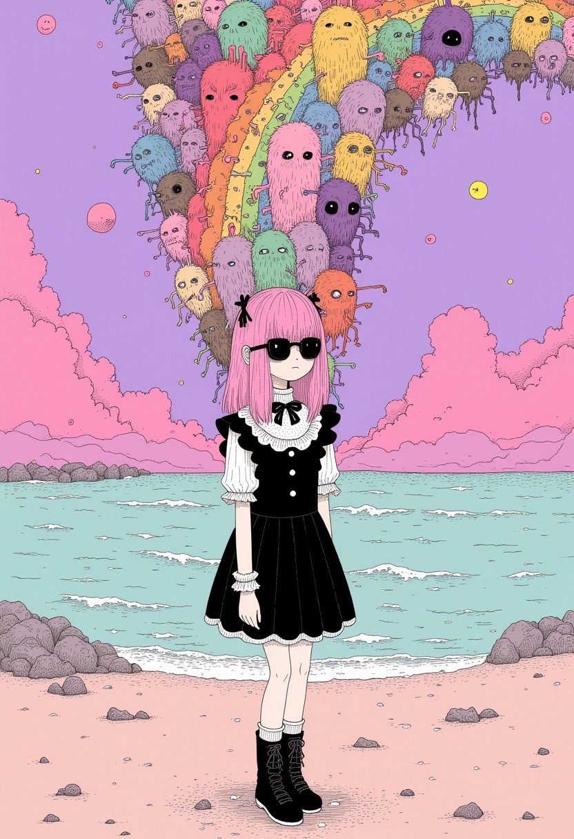 cr33p, wide shot of a ultra cool mysterious goth girl with pink hair wearing black sunglasses, walking along the beach, a rainbow above her made of creepy monsters, gentle pastel colors