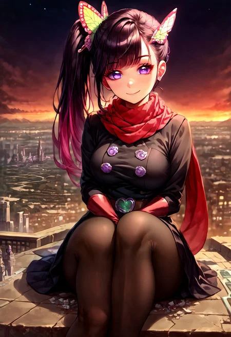 gorgeous lips, cinematic, (masterpiece), (best quality), (ultra-detailed), very aesthetic, perfect composition, intricate details, absurdres, detailed face, (anime, masterpiece, intricate:1.3), (best quality, hires textures, high detail:1.2), score_9, score_8_up, score_7_up, score_6_up, source_anime, 1girl, kanao tsuyuri, black hair, pink highlights, butterfly, butterfly hair ornament, purple eyes, very long hair, side ponytail, ponytail, eyelashes, red hair ornament, scarf, red scarf, dress, black dress, long sleeves, buttons, gloves, red gloves, belt, pantyhose, cyan pantyhose, heel shoes, red footwear, skirt, flower patterns, alternate_costume, enormous breasts, facial expression, kind, soft eyes, head tilt, slightly smiling, closed mouth, goddess, planet size, giantess, giant, size difference, growing even bigger, sitting in the city, hugging own legs, hugging knees, floating object, gradient eyes, beautiful detailed eyes, city, in the city, night sky, solo, holding planet, (masterpiece:1.4), (best quality:1.4), (ultra-detailed:1.2),