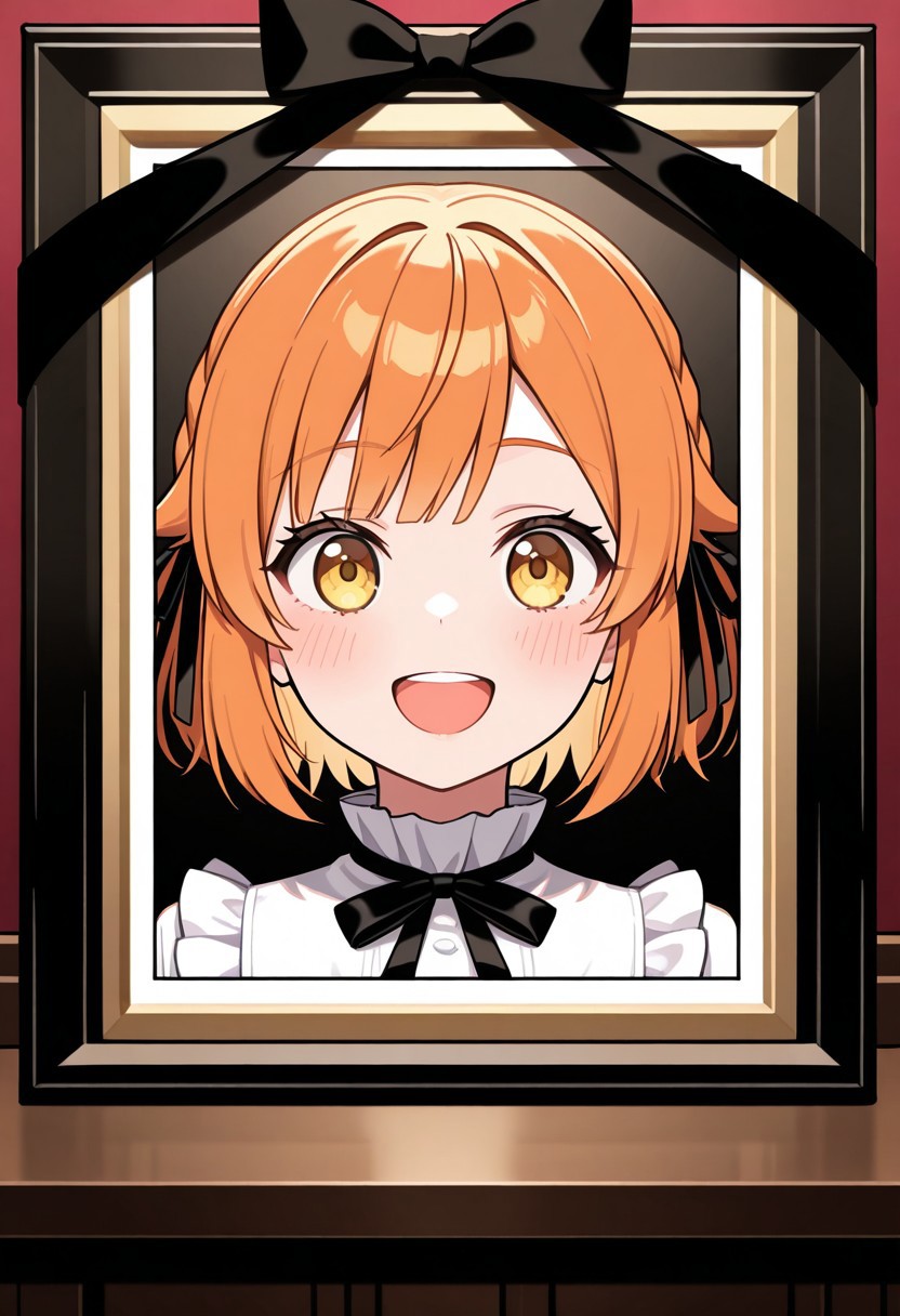 masterpiece, best quality, 32k, high resolution, absurdres, iei, black ribbon, portrait (object), POV, looking at viewer, blush, smile, open mouth, upper teeth only