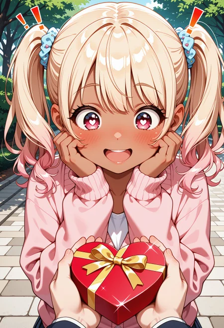 masterpiece, very aesthetic,  1girl, ganguro, happy, surprised, hands on cheeks, blushing, looking down, giving heart present, pov, park, heart pupils, glitter, pigtails, exclamation mark <lora:spo_sdxl_10ep_4k-data_lora_webui:1.0>